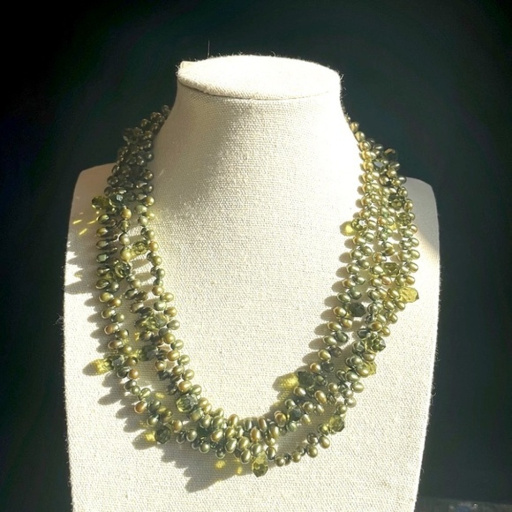 Vintage 1990s Olive Green Pearl Crystal Multi Strand Statement Necklace Boutique